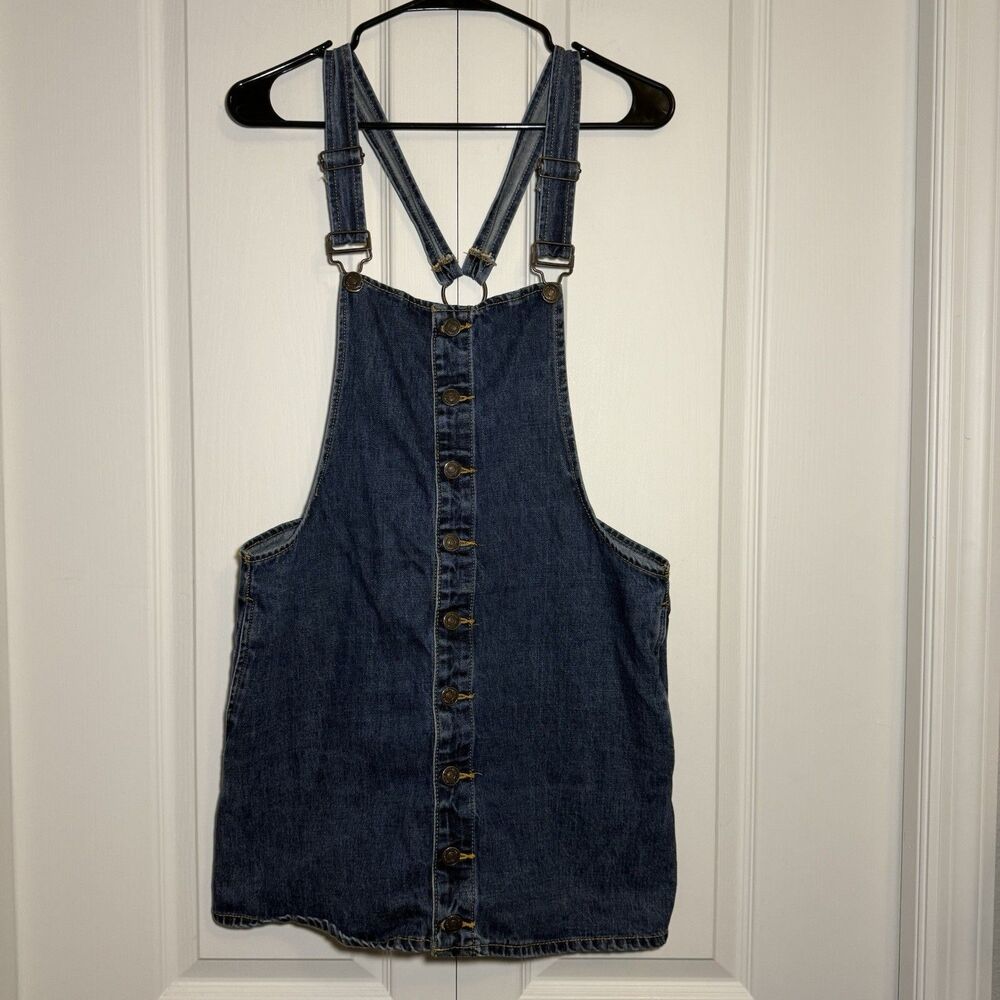 Forever 21 Dark Wash Blue Denim Overall Midi Dress Button-Front 100% Cotton Sz L